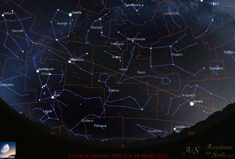 Il cielo di gennaio 2020 poco dopo il tramonto (alle ore 18.30 del giorno 15). - In questa immagine si possono vedere le costellazioni suddivise secondo il sistema moderno. Si nota a Sud Ovest Venere, l’oggetto celeste più luminoso del cielo (dopo Sole e Luna), alte a Sud le costellazioni autunnali di Pegaso, Pesci, Andromeda e Perseo. Più bassa a Sud la Balena. Ad Est, già alti: Orione, Toro, Auriga e Gemelli.
