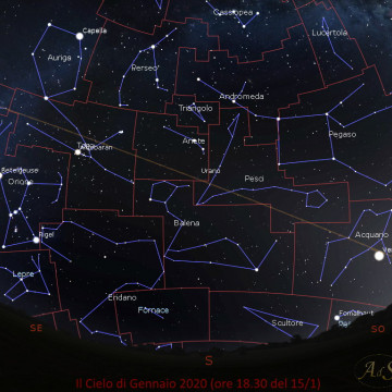 Il cielo di gennaio 2020 poco dopo il tramonto (alle ore 18.30 del giorno 15). - In questa immagine si possono vedere le costellazioni suddivise secondo il sistema moderno. Si nota a Sud Ovest Venere, l’oggetto celeste più luminoso del cielo (dopo Sole e Luna), alte a Sud le costellazioni autunnali di Pegaso, Pesci, Andromeda e Perseo. Più bassa a Sud la Balena. Ad Est, già alti: Orione, Toro, Auriga e Gemelli. Il cielo di gennaio 2020 poco dopo il tramonto (alle ore 18.30 del giorno 15).
