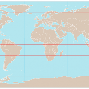 Figura 4. - I 5 paralleli fondamentali nel planisfero. Dall'alto al basso: circolo polare artico, tropico del cancro, equatore, tropico del capricorno, circolo polare antartico. Figura 4.
